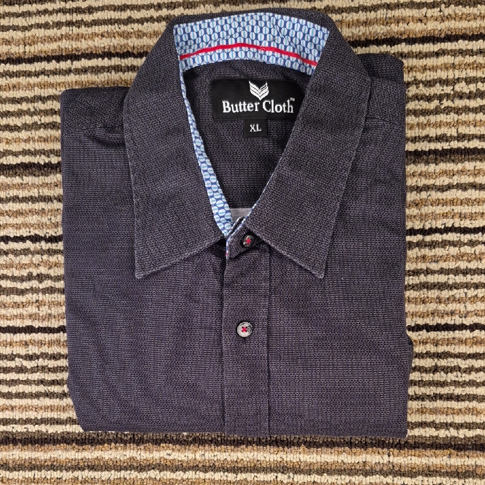 BUTTERCLOTH Grey Black Weave Cotton‎ Sz XL Mens Long Sleeve Button Up Shirt